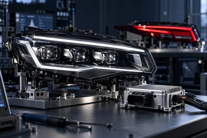 Photorealistic concept: matrix-LED headlamp, rear lamp and electronic controller in a validation laboratory