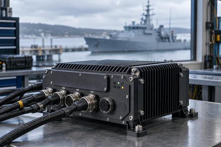 Photorealistic concept: rugged mission-critical electronics in a maritime engineering workshop