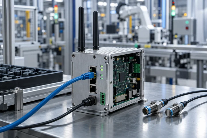 Photorealistic concept: industrial IoT gateway and connected sensors in an automated factory