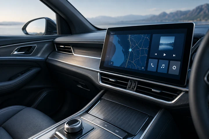 Photorealistic concept: premium automotive infotainment touchscreen with navigation and media controls
