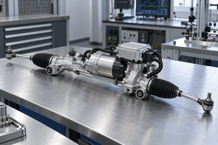 Photorealistic concept: electric power-steering rack, motor and controller on an engineering test bench